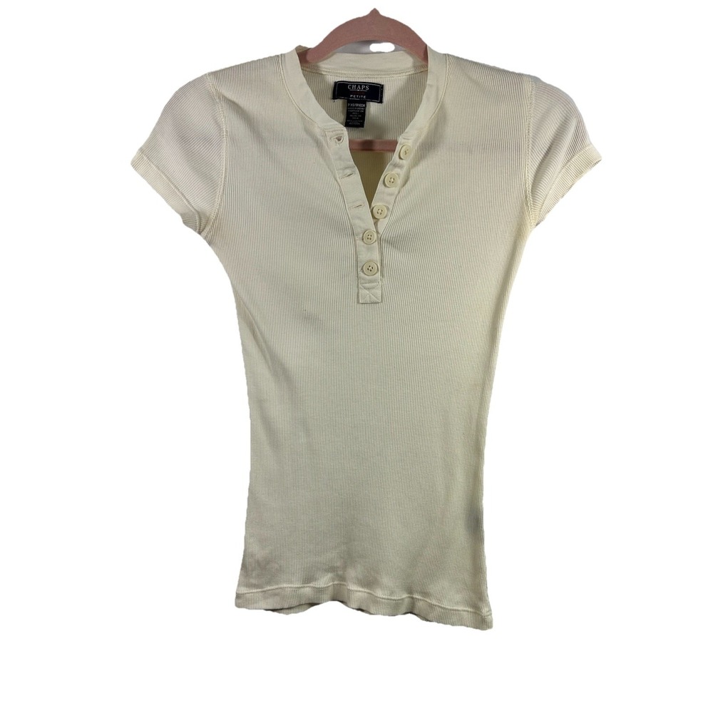 VTG Chaps Denim Ribbed Henley Top Cream Cotton Petite XS 90s Y2K Clean Girl